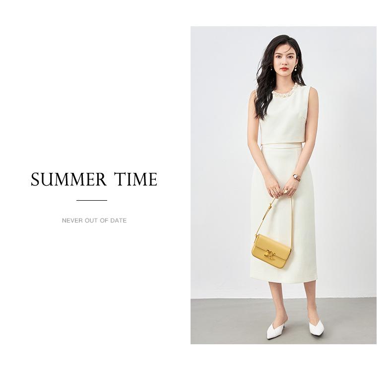 Fashion Pearl Collar Sleeveless Vest & Hip-Hugging Midi Skirt Set