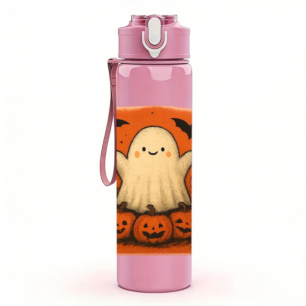 1PC Pumpkin Ghost Orange Print 750ml Color Plastic Sports Water Bottle Leakproof Flip Straw Lid Suitable for Sports Office Home Use