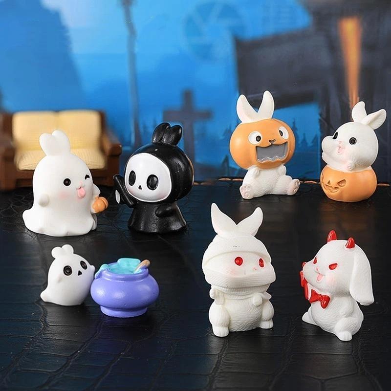 Cute Halloween Themed Mini Rabbit Resin Figurines Adorable Cartoon Durable Texture For Desktop Decor Halloween Party Favor