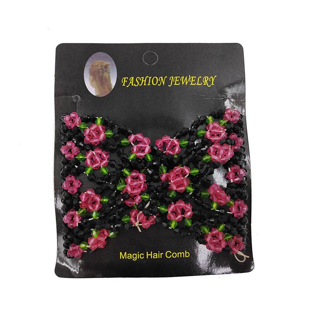 Womens Magic Slide Hair Elastic Double Beads Easy Stretchy Hair Comb Clips Pins