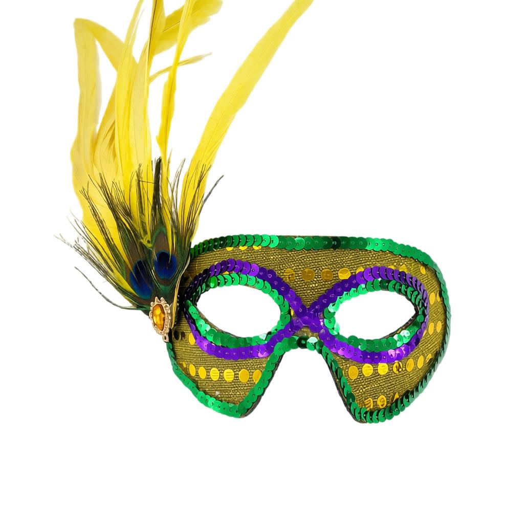 Women's Half Face Masquerade with Sequins and Feathers - Peacock Three Color Design for
