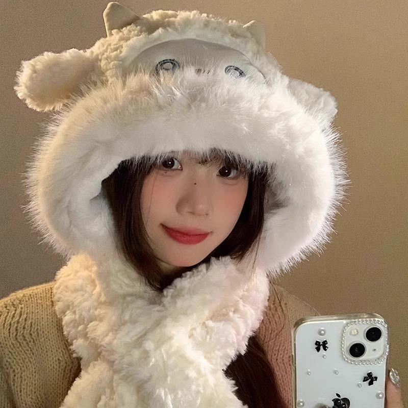 Winter New Cute Little Sheep Plush Hat Women's Hat Scarf Integrated Thickened Cold and Warm Sweet Lei Feng Hat