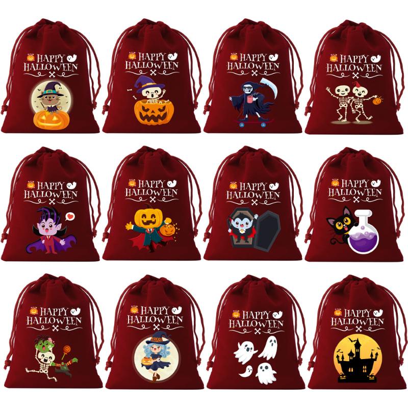 8/12Pcs 2025 New Halloween Gift Bags Children'S Trick-Or-Treat Candy Bags Pumpkin Bags Flannel Drawstring Candy Bags 10X12Cm
