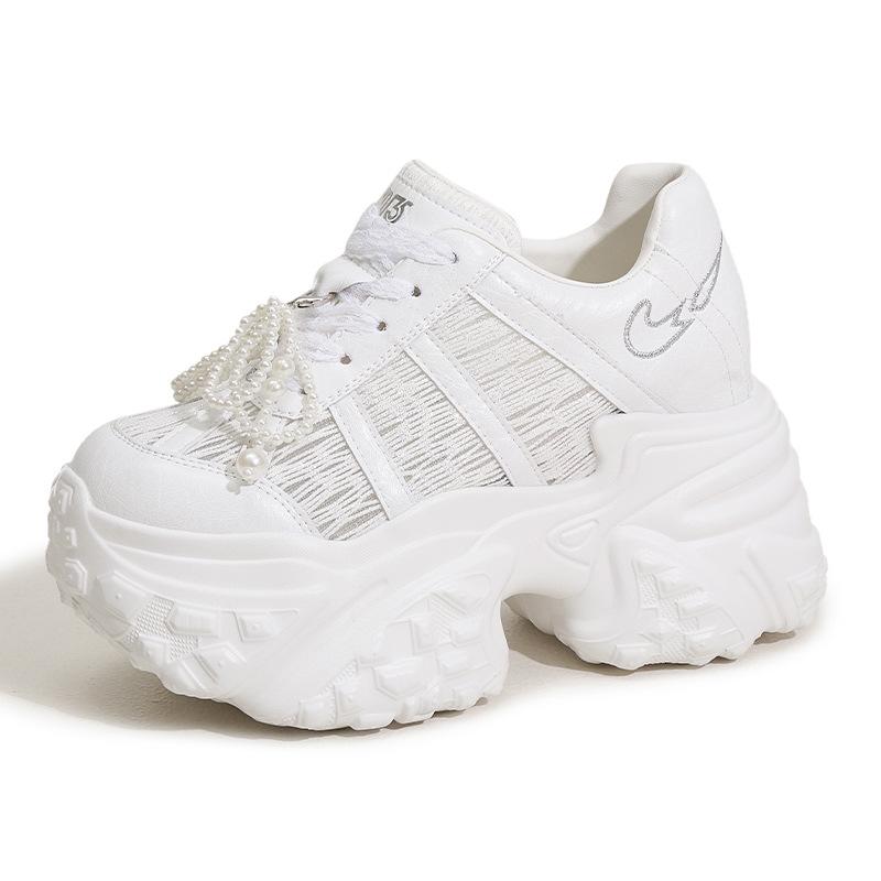 

Летняя обувь для женщин, увеличивающая рост на 10 см, модная, дышащая, на шнуровке, из синтетической кожи, кроссовки для отдыха, жемчужные, кожаные, спортивные 39 бежевый