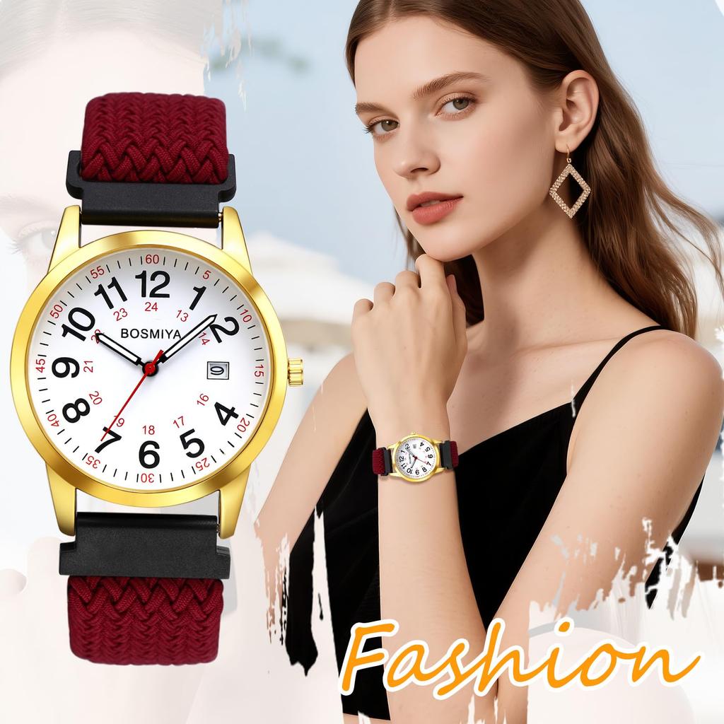 Woven Strap Watch with Date Window and Woven Colorful Quartz Watch with Dial and Adjustable Popular and Cute for Women Perfect for and Men's Calendar