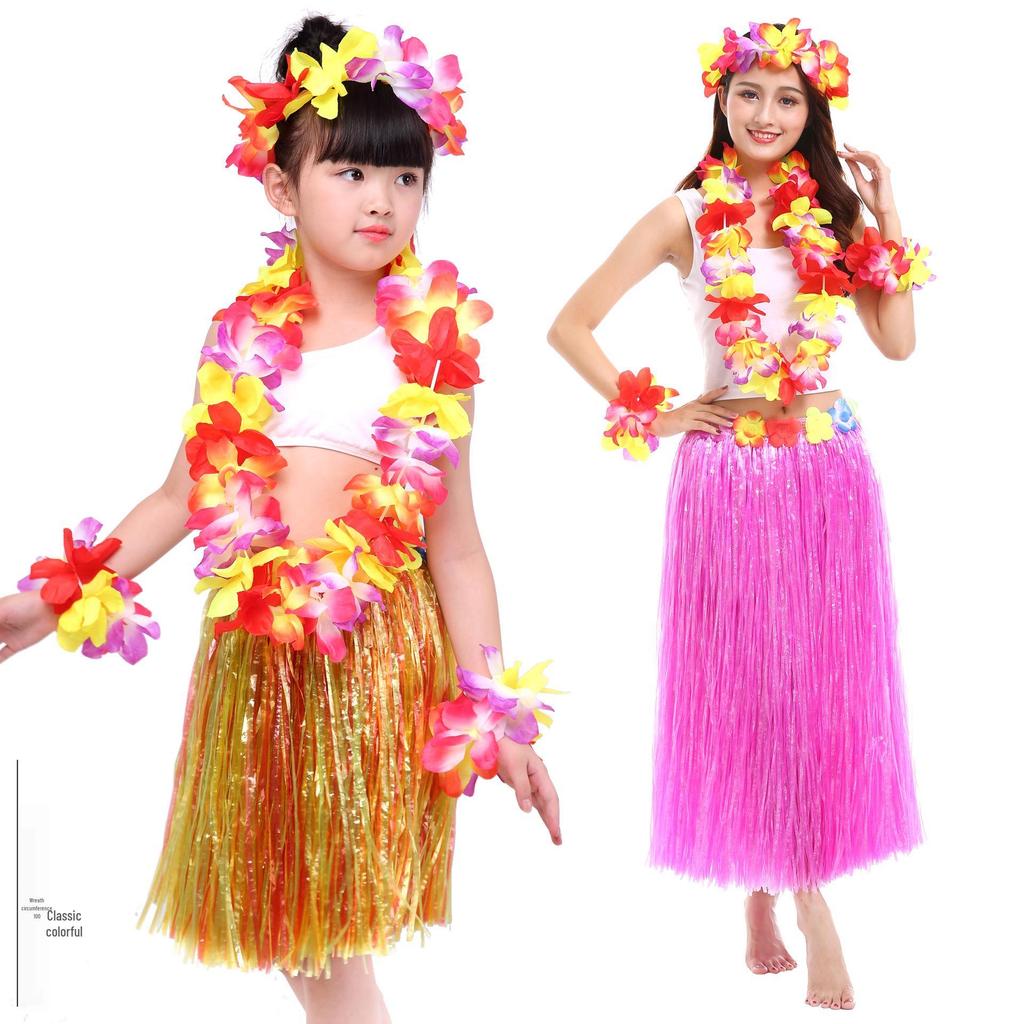 Hawaiian Luminous Flower Garland & Hula Skirt Set - Summer Costume Accessories for Annual Stage Events
