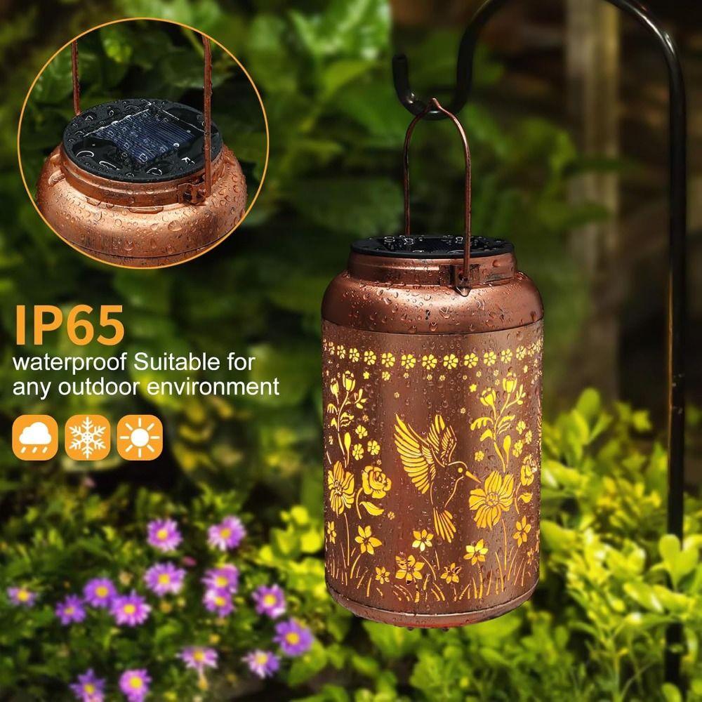 Waterproof Solar Lantern Vintage Style Metal Material Hanging Solar Light Sunflower Shape Hummingbird Design LED Garden Light