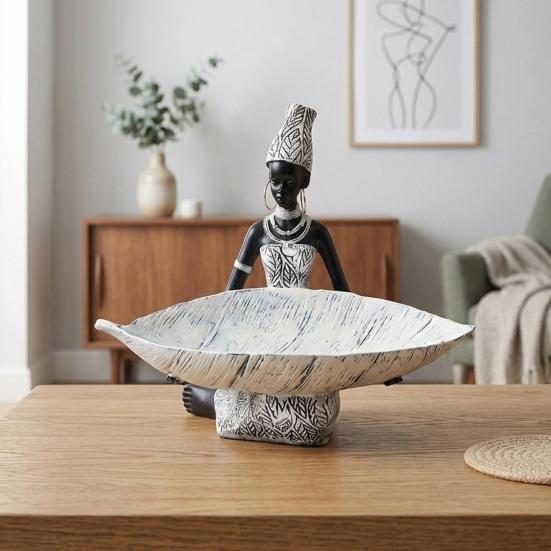 African Woman Holding Leaf Bowl Resin Statue Tribal Kneeling Figurine Jewelry Tray Desktop Decorative Snack Holder for Home Shelf Decor