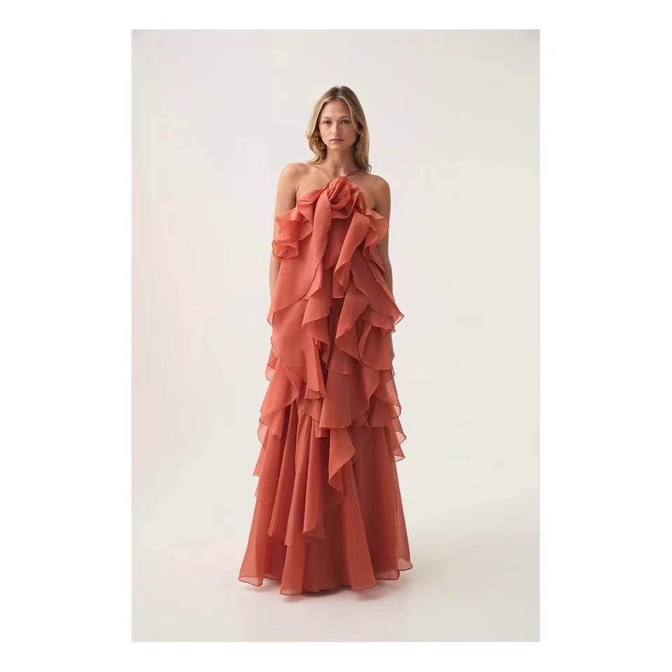2025 Trendy Women's Off-the-Shoulder Backless Sleeveless Halter Neck Dress with Ruffled Fluffy Skirt