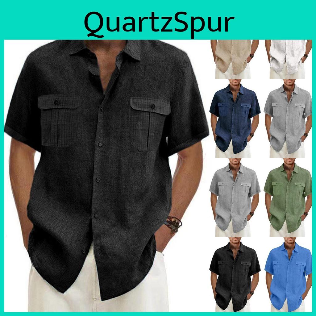Cămăși de vară casual pentru bărbați, de designer, din bumbac și in, culoare solidă, cu mânecă scurtă, croială largă