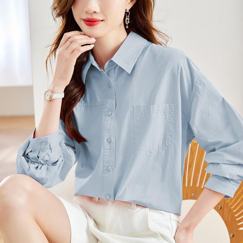 

Розовая хлопковая рубашка с длинным рукавом для женщин Весенняя новая тонкая карманная двухлинейная рубашка с длинным рукавом для женщин One size синий