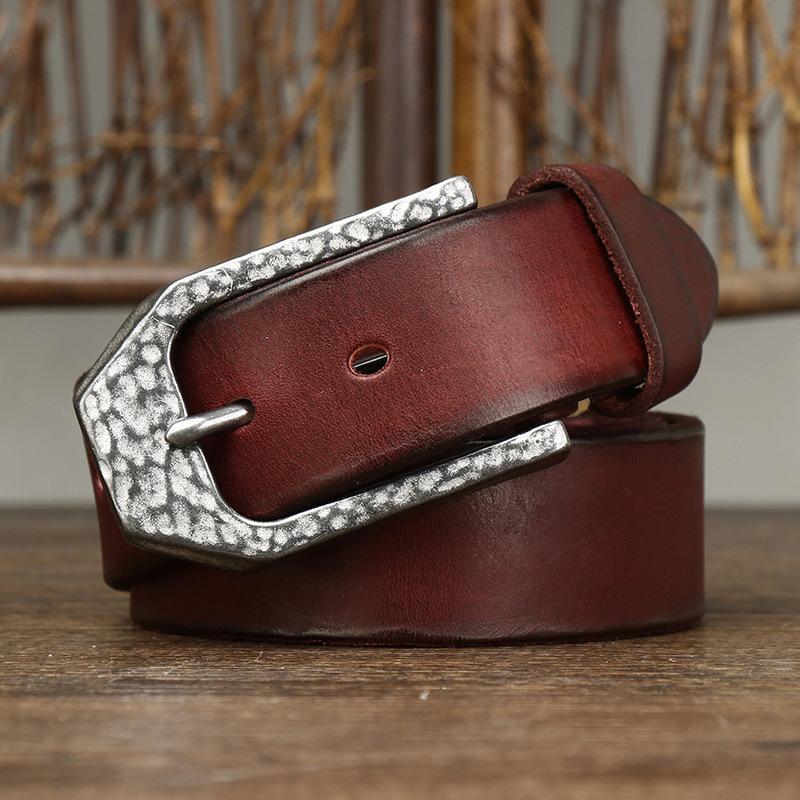 Belt Men's Retro Personality Hammered Stainless Steel Buckle Genuine Cattlehide Leather Surface Trendy All-Matching Jeans Belt Men