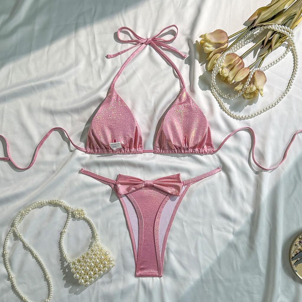 2026 Stylové dámské sexy dvoudílné vykrojené plavky se třpytivými ramínky