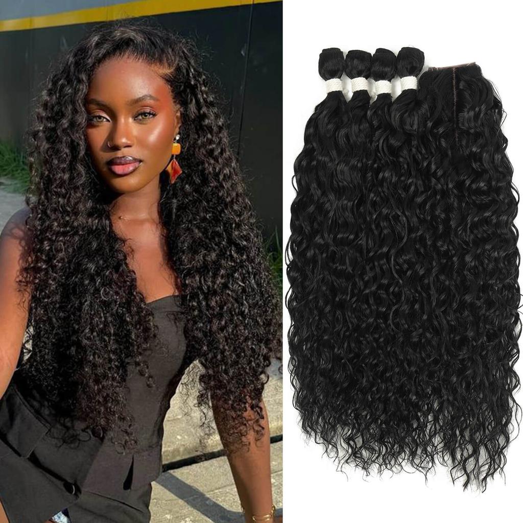 Synthetic Kinky Curly Deep Wave Hair Bundles 4PCS With Lace Closure 22-24 Inch 260g High Temperature Fiber Hair Extensions Weave