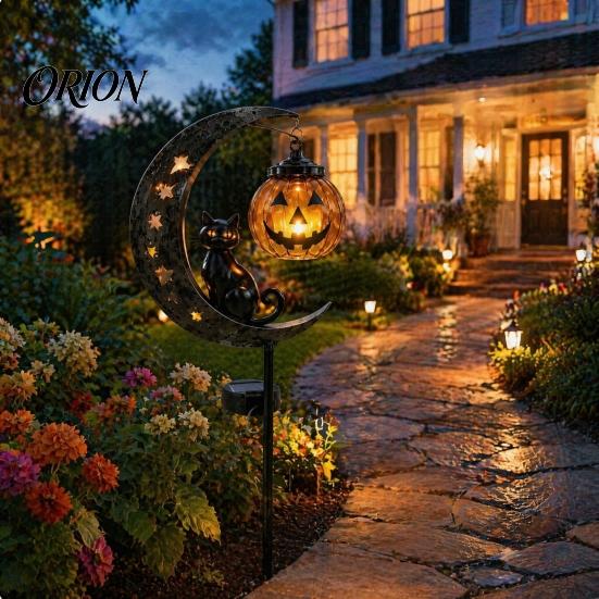 LED Halloween Courtyard Decoration Black Cat Moon Stake Light, Solar Metal Pumpkin Lantern with Powered Outdoor Decor Warm Glow, Spooky Yard