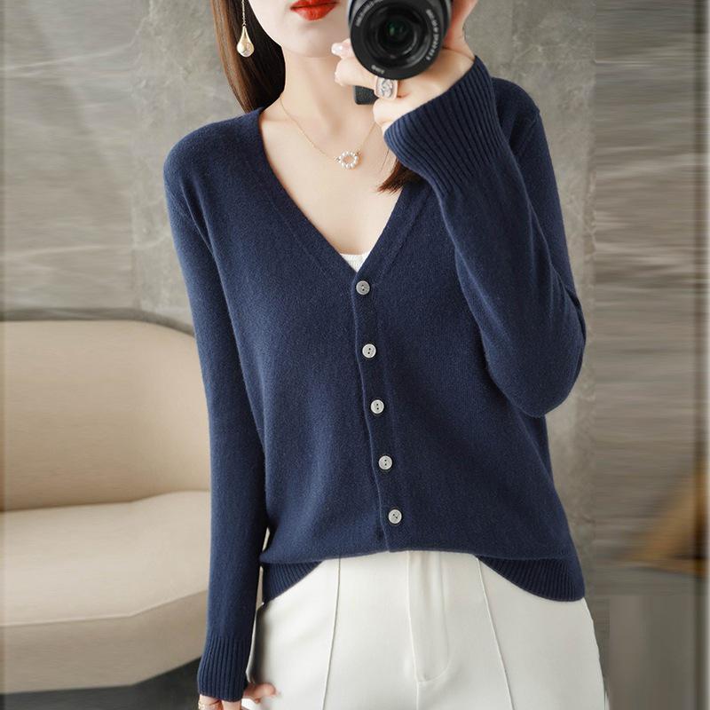 Spring & Autumn Women's V-Neck Knit Cardigan - Long Sleeve Short Sweater Jacket