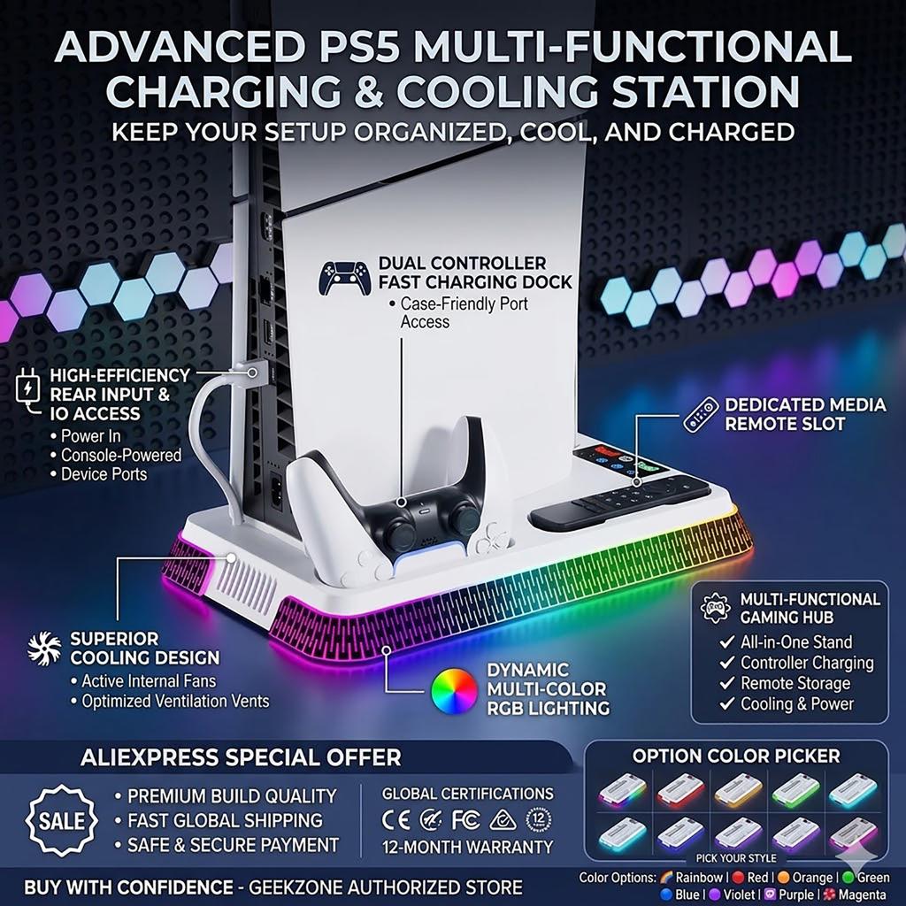 The All-in-One Cooling Stand Base PS5/PS5 Slim/ Model with RGB Lighting Effects, Storage Function and Controller Accessories