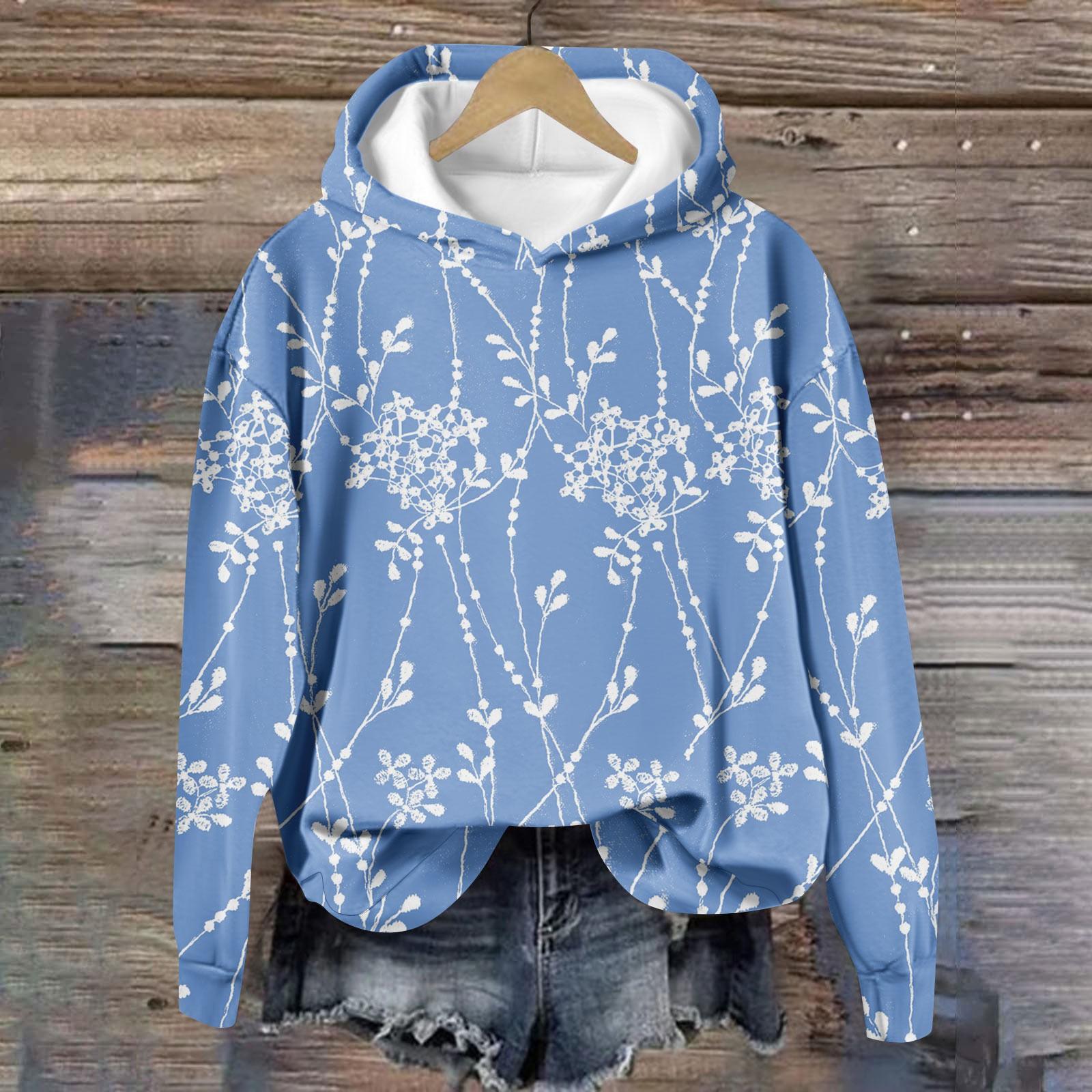 

Женская модная повседневная толстовка с длинными рукавами и капюшоном с принтом, свободная толстовка с длинными рукавами S синий