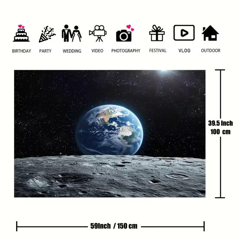 2D Flat Printing Space Wall Hanging Earth Rise from Lunar Surface Starry Sky Backdrop