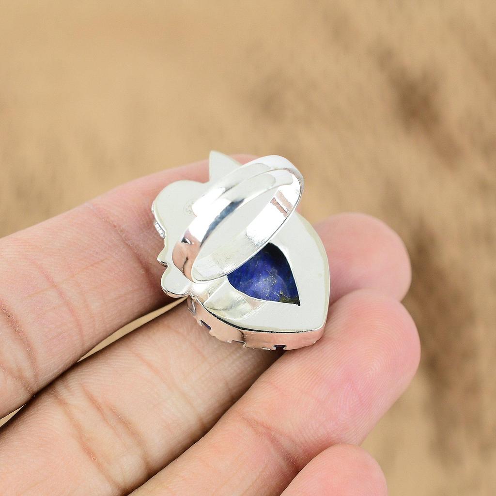 925 Sterling Silver Lapis Lazuli Stone Daughter Boho Promise Flower Ring Jewelry