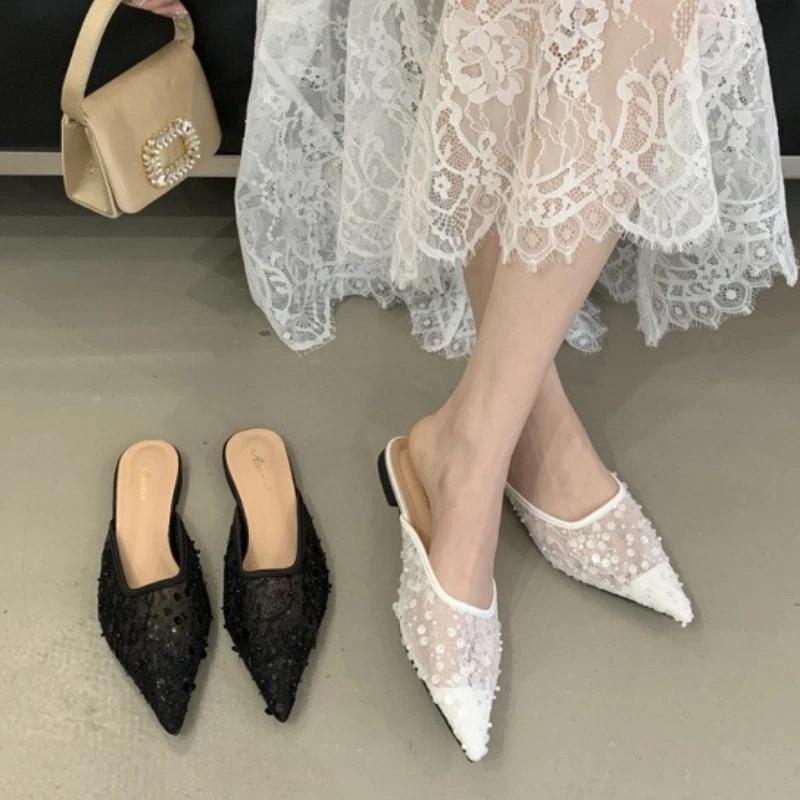 Fashion Luxury Mesh Pearl Flat Sandals Women Bling Pointed Toe Designer Brand Sandals Shoes Fashion Elegant Comfortable Non-slip Mules