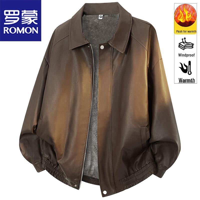 ROMON Men's Turn-down Collar Faux Leather Padded Jacket