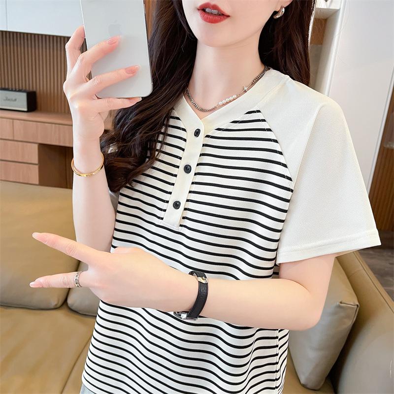 American retro striped color matching shoulder round neck short-sleeved t-shirt women's summer loose trendy brand hiphop Hong Kong style top