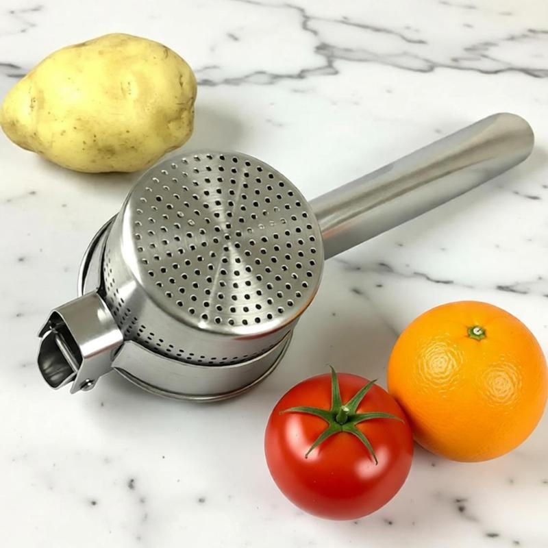 Manual Kitchen Juicers Press With Long Handle, Perforated Strainer Basket, and Steel Construction for Home Food Preparation