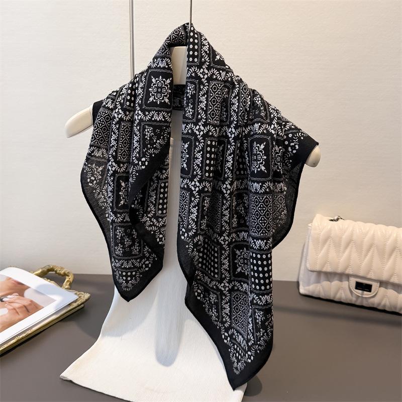 Exotic retro herringbone cotton-linen small square scarf, faux velvet shawl, sun-protective neckerchief for women