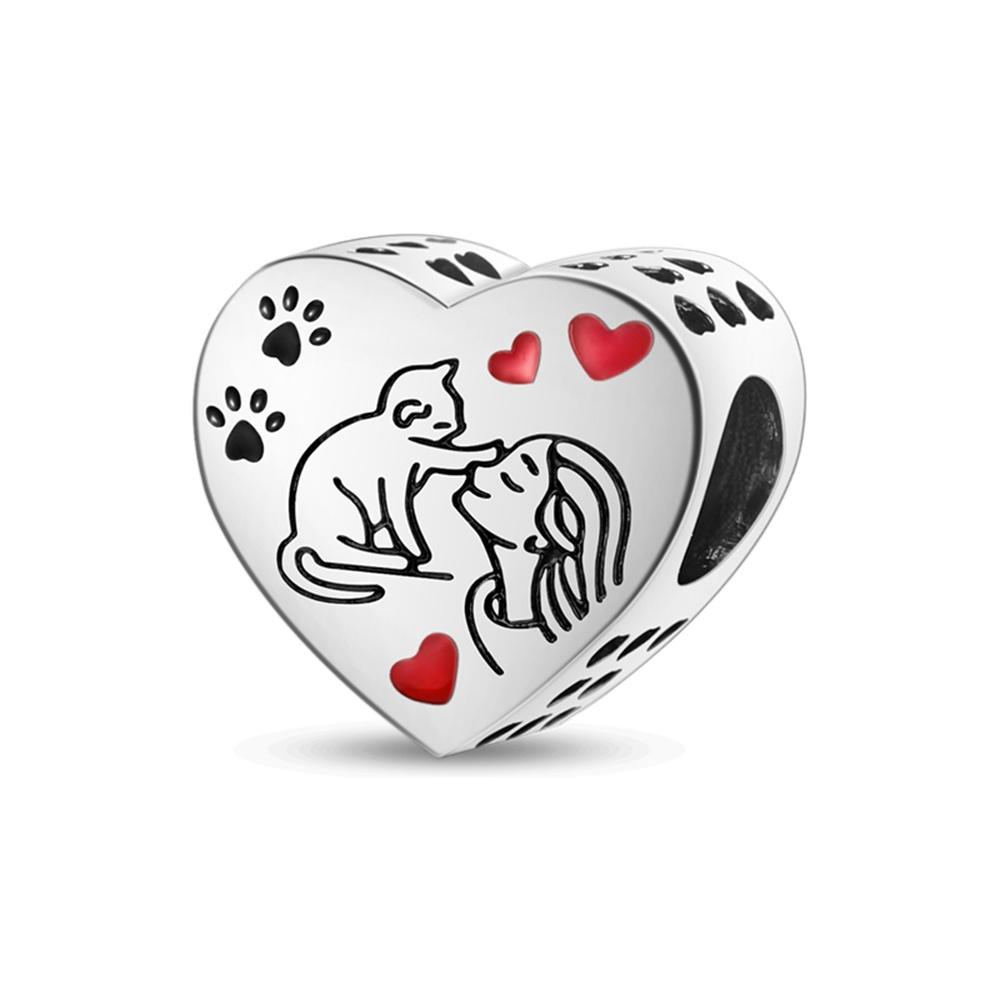 New 925 Silver Cute Cat Dog Charm Heart Pendant Beads Fit Bracelet DIY Women Jewelry Fine Gift