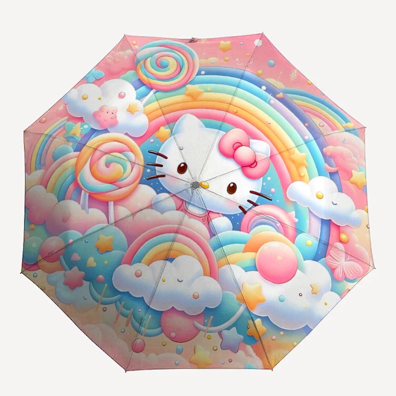 1pc Hello Kitty Clouds Automatic Opening Folding Umbrella - Portable 3-Fold Design with Iron Frame, Perfect for Outdoor Use, Festive Gifts, Fans, Trav