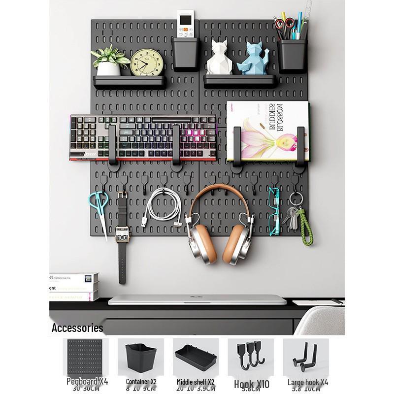 No-Drill Wall-Mounted Pegboard: Customizable Storage Hooks & Baskets Display for Home or Study Room.