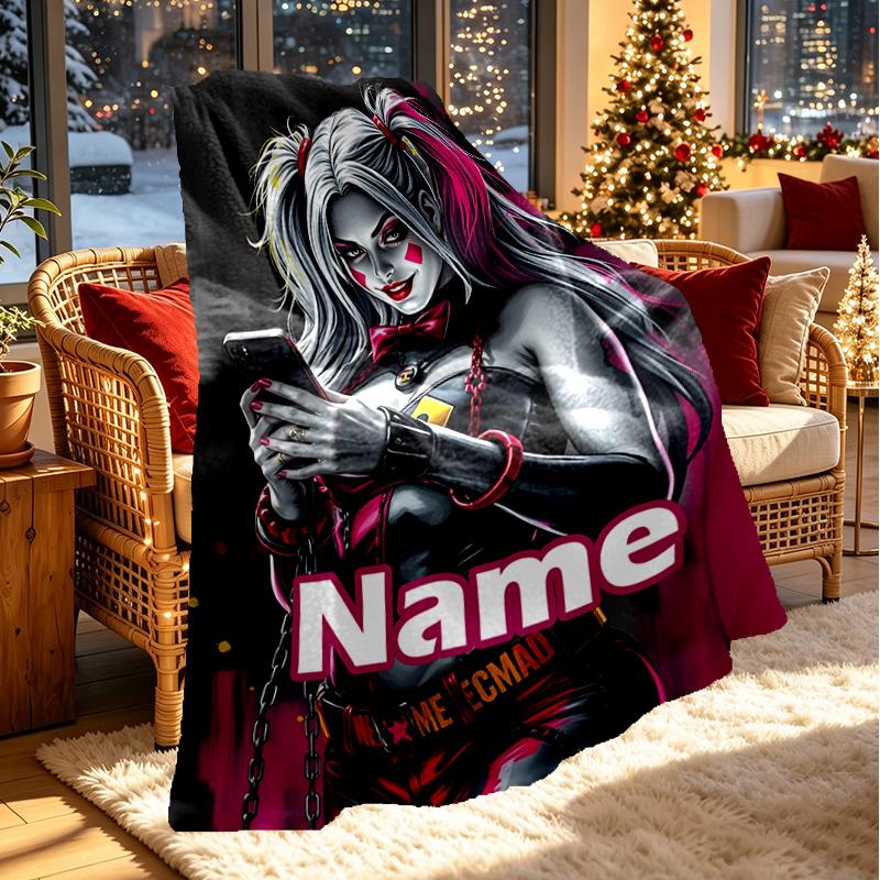 Custom Name Personalized Harley Quinn Joker Print Blanket, Home Decor, Bedroom, Sofa, Camping, Couch, Gifts for Birthday Christmas