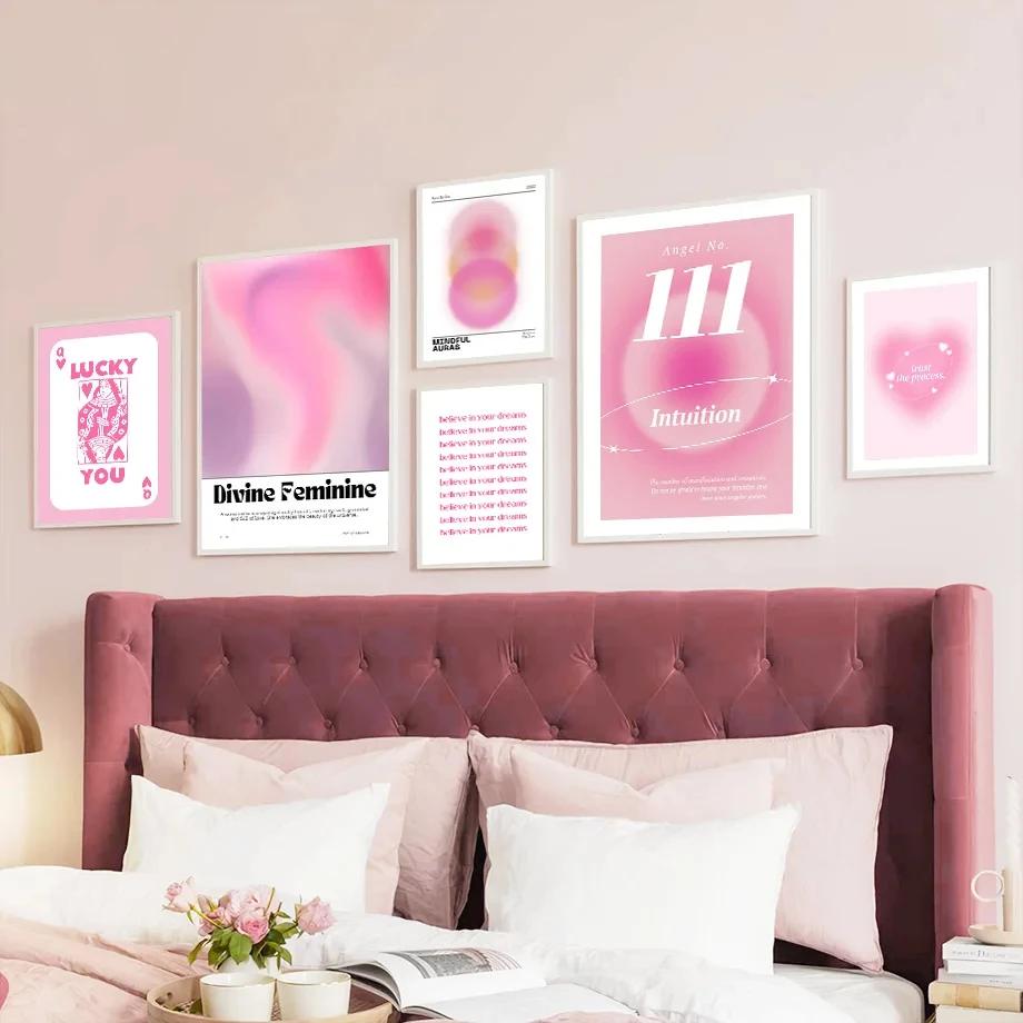 Pink Flower Letter Posters Canvas Painting Modern Love Heart Round Shape Pictures Prints Wall Art for Living Room Decor Unframed