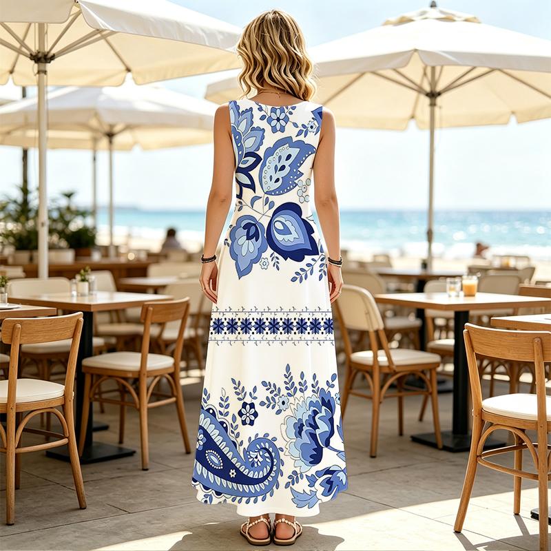 Women's Blue White Paisley Print Maxi Dress,Loose Fit Lightweight Elegant Resort Dress,Versatile for Daily Casual & Party Wear