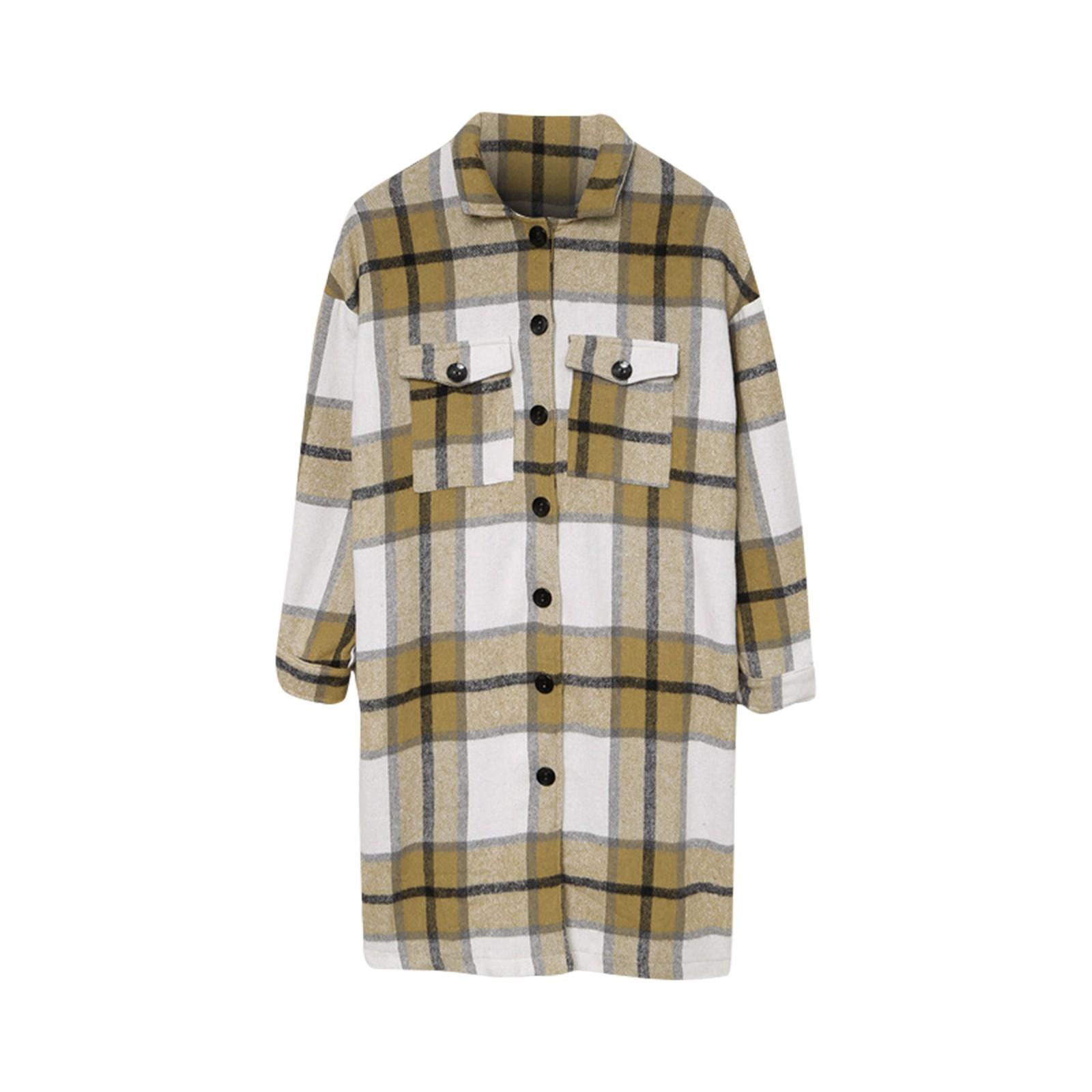 

Женское повседневное модное свободное шерстяное пальто с длинными рукавами и лацканами в клетку L коричневый