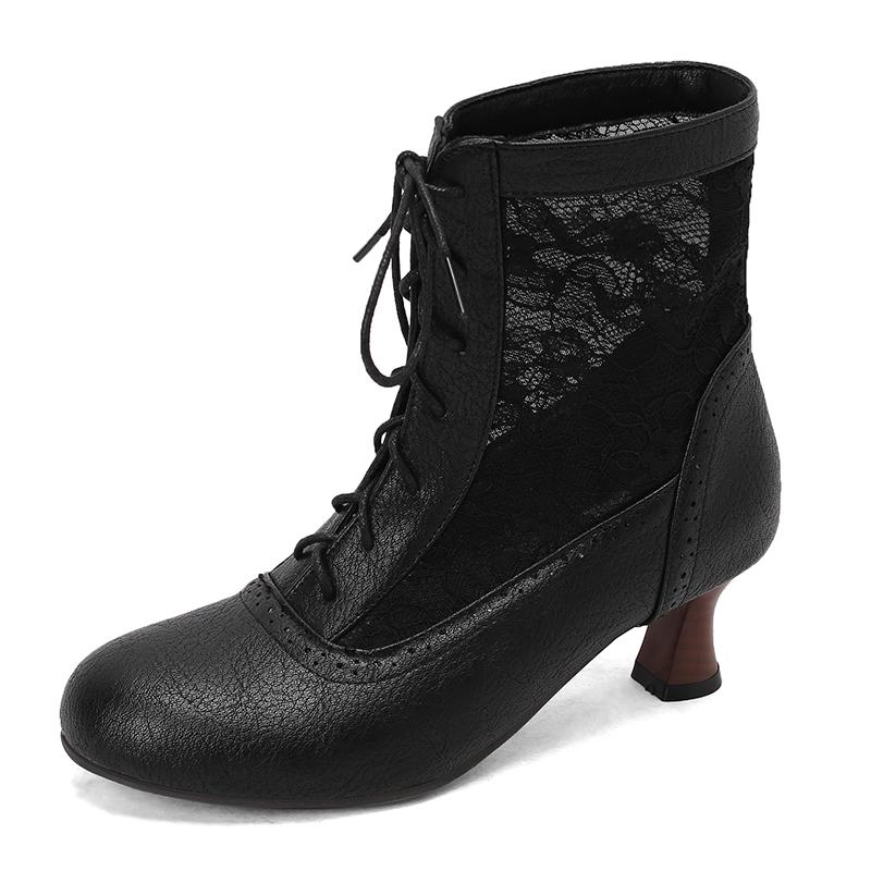 Fashion 2025 New Lace Up Hollow Mesh Victorian Ladies High Heel Shoes Strange Steampunk Boot Ankle Boots Women Thick Soled Short Boots