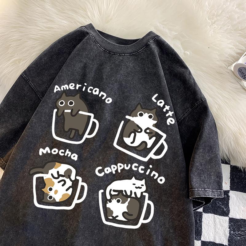 Cat Coffee Pure Cotton Trendy Summer Loose Short Sleeved T-shirt Men Women Mocha Latte Cat Vintage Water Washing Fun Cat Tees