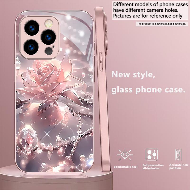 Crystal Pink Rose Glow Pink Metallic Glass Phone Case For iPhone 11 12 13 14 15 16 17 Pro Max Plus 17Air 16E 7 8 Xr XsMAX Cover