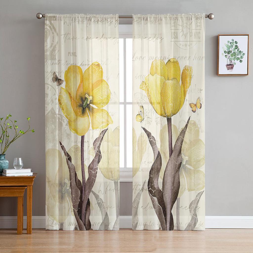 Vintage Flowers Butterflies Yellow Tulips Sheer Curtains for Living Room Decoration Window Curtains Kitchen Tulle Voile Curtains