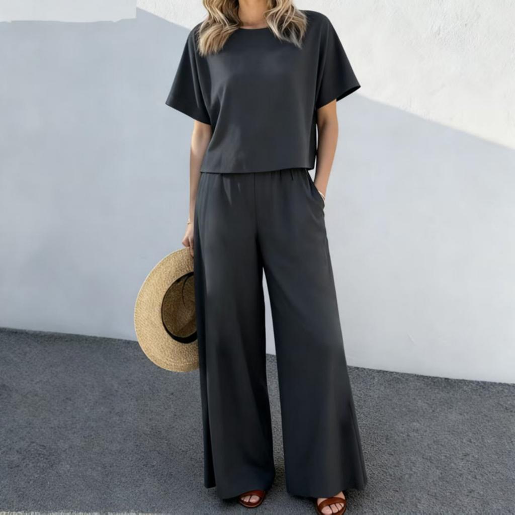 Fashion Women's Casual Top Wide Leg Pants Set Cotton Linen Pants Top Two-piece Set