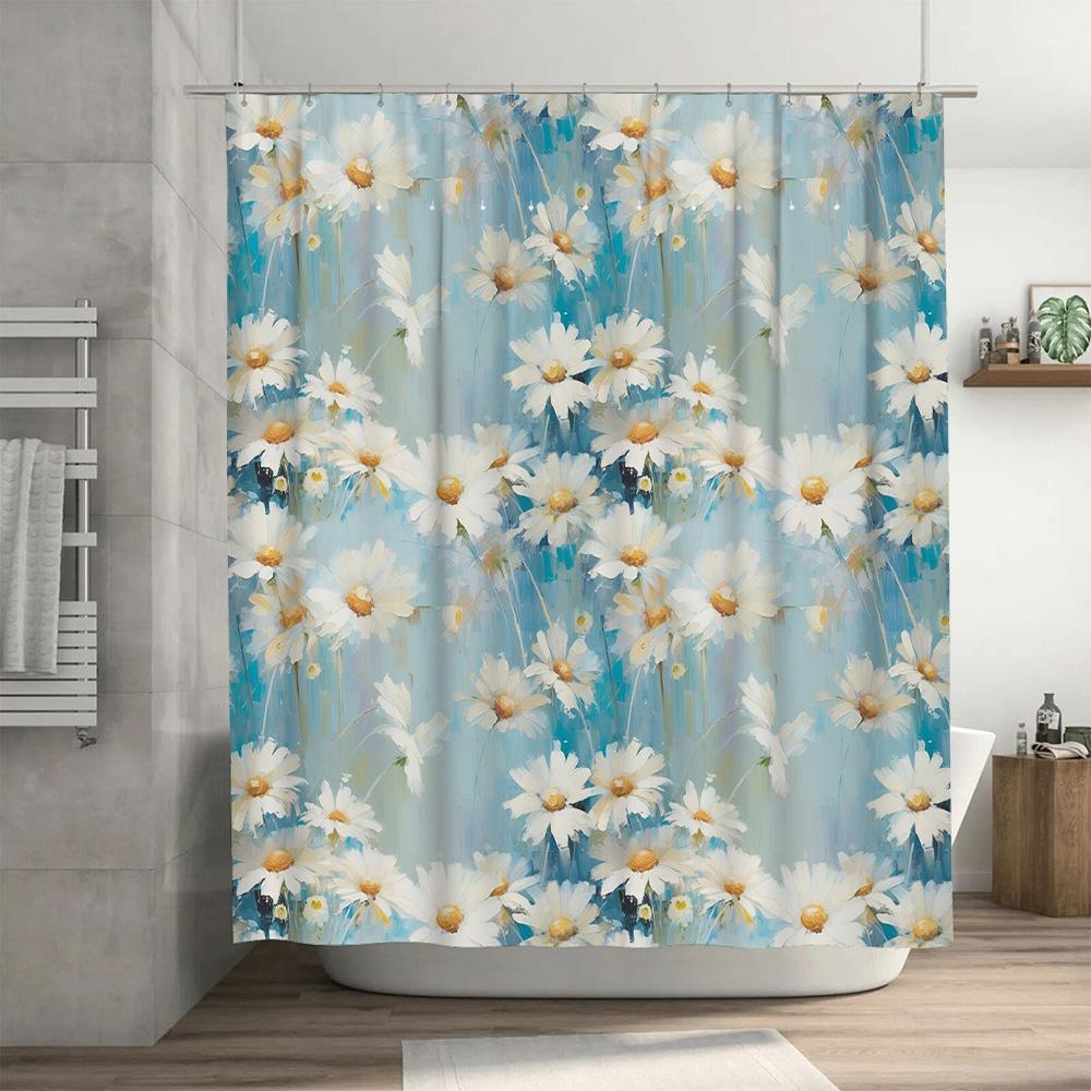 Floral Print Shower Curtain Modern Decorative Waterproof Bath Mat Cover Blue White Daisy Pattern for Bathroom Decoration Size Cu