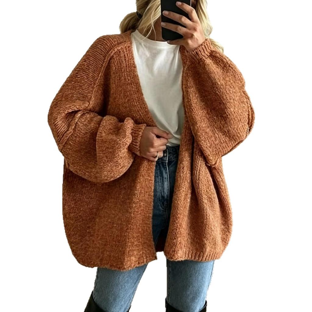 Autumn/Winter Solid Color Knit Cardigan: Women's Loose Patchwork Long Sleeve Sweater