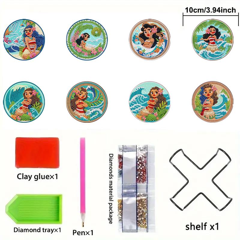 8 pieces/set Disney Moana Series Diamond Painted Coasters DIY Diamond Art Coasters 5D Full Diamond Diamond Coasters Acrylic Round Cups