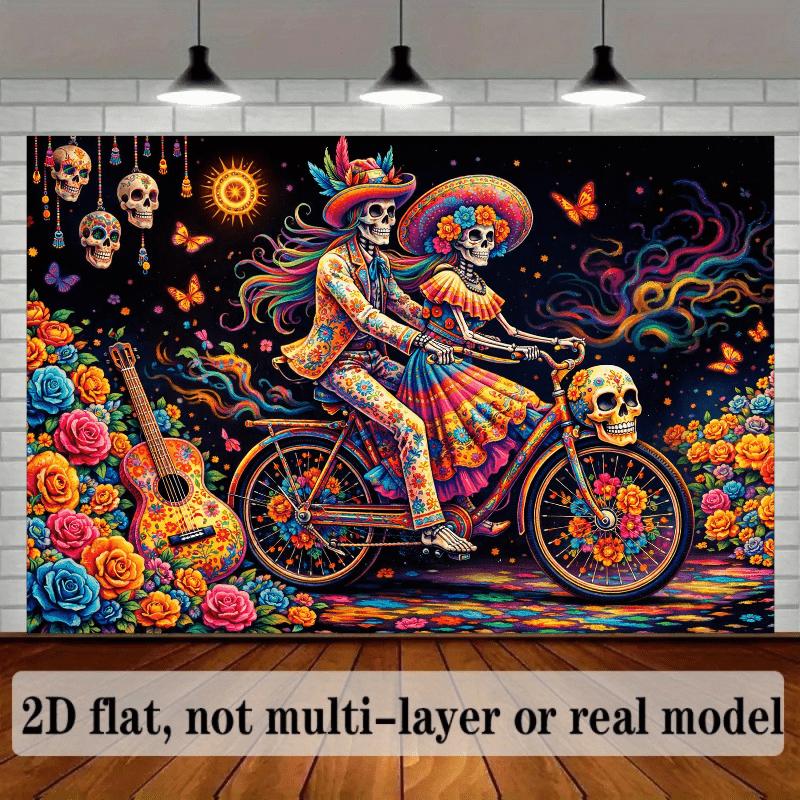2D plane skull-themed background fabric, with a skull wearing colorful clothes in the center of the picture.zyc