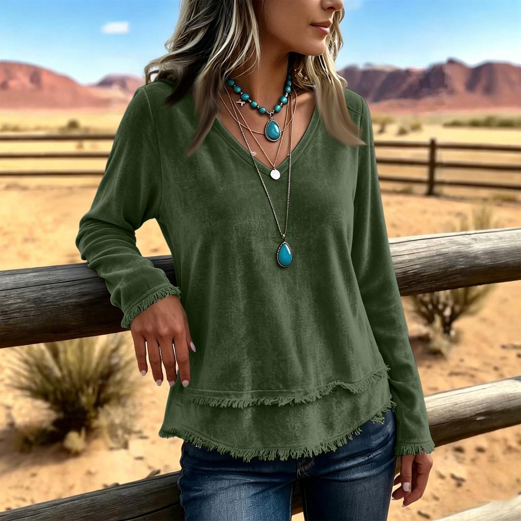 Women's Long Sleeve Lace Trim Blouse Loose Fit Color Casual Tunic Top