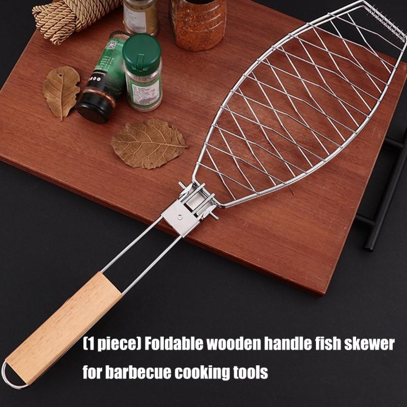 Pinza BBQ Pieghevole in Acciaio Manico in Legno Antiscivolo Meccanismo di Blocco Sicuro Cestello da Griglia Ideale per Verdure Pesce Arrosto