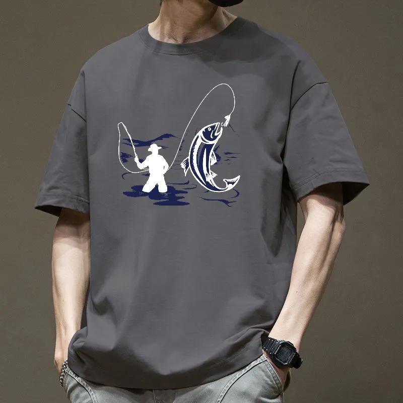 Men Khaki Fishing Silhouette Print Crew Neck Oversized T Shirt
