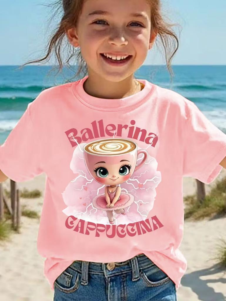Girls Pure Cotton Tshirt Italianstyle Cappuccino Shortsleeved Top Featuring A Cute and Fun Animal Ballerina Perfect Summer