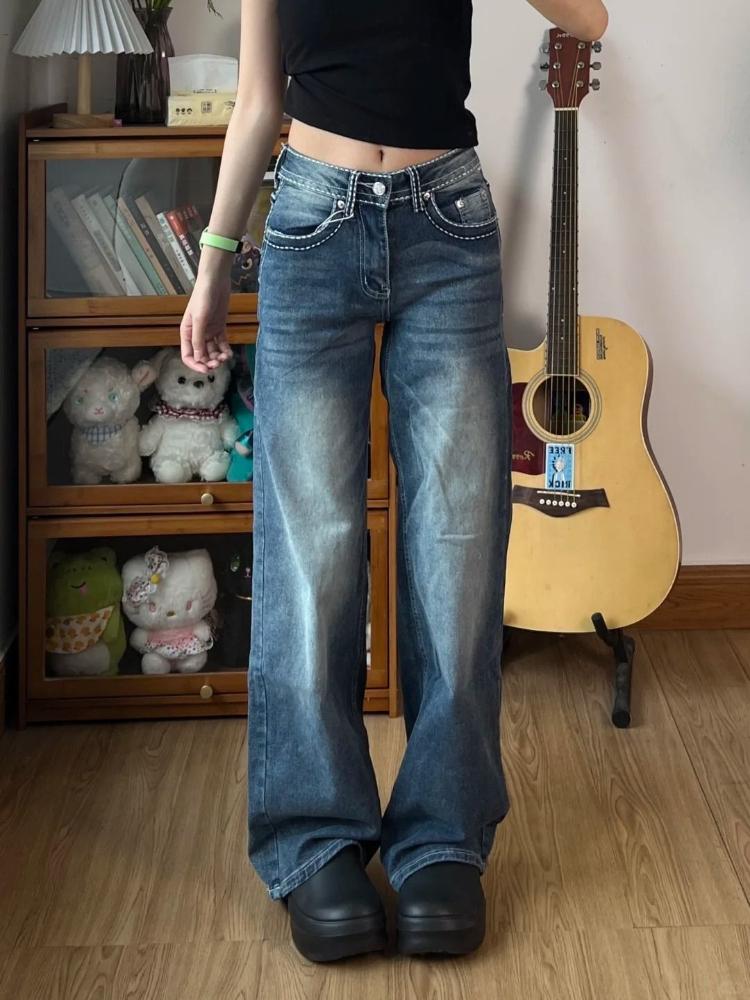 American Retro Design Pocket Heavy Washing Jeans Female Winter Embroidery Slim Joker Pants Trend